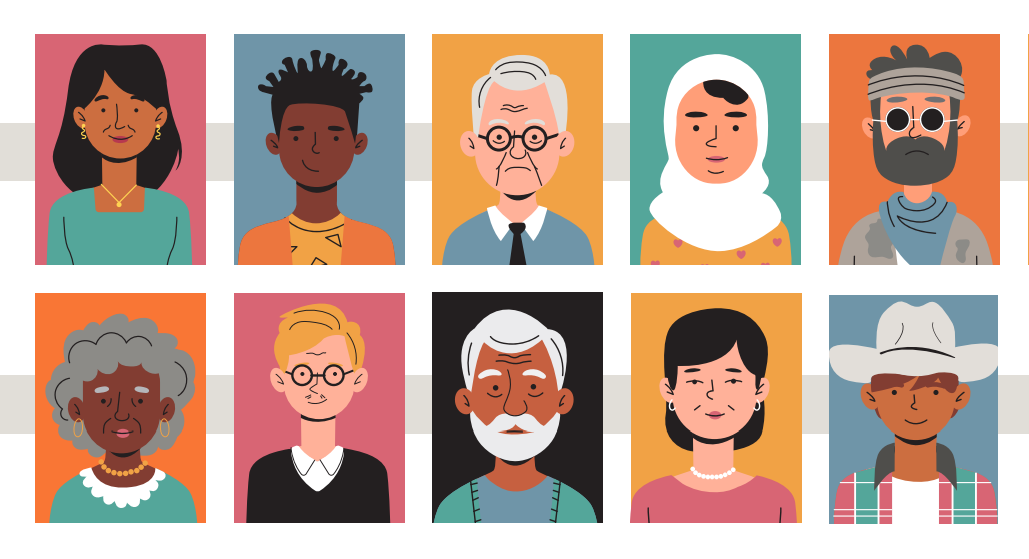 Illustrated faces of different ages, backgrounds, and ethnicities